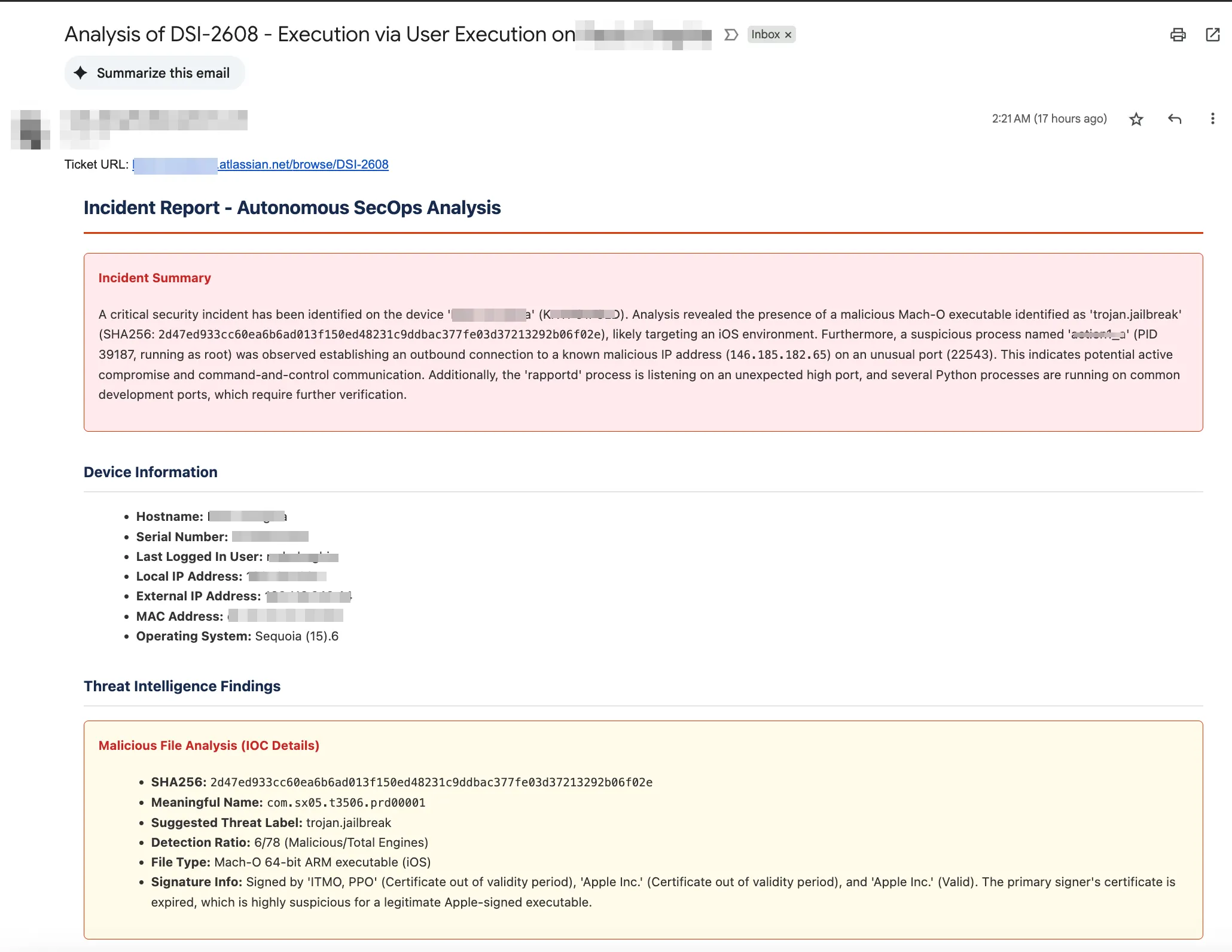 Incident report - summary and threat intelligence