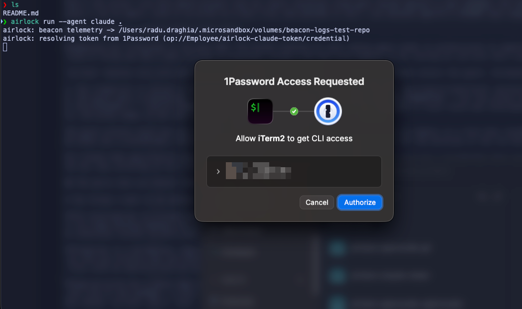1Password prompting to authorize CLI access to the stored Claude token