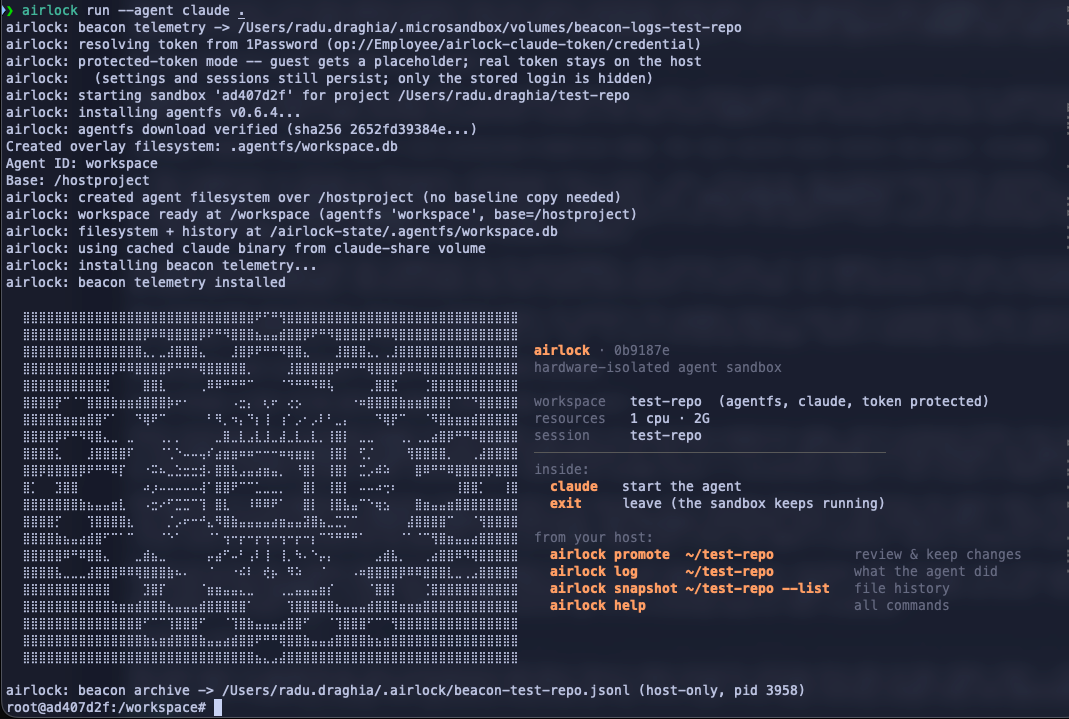 airlock run booting a Claude Code sandbox in protected-token mode, with the resulting banner