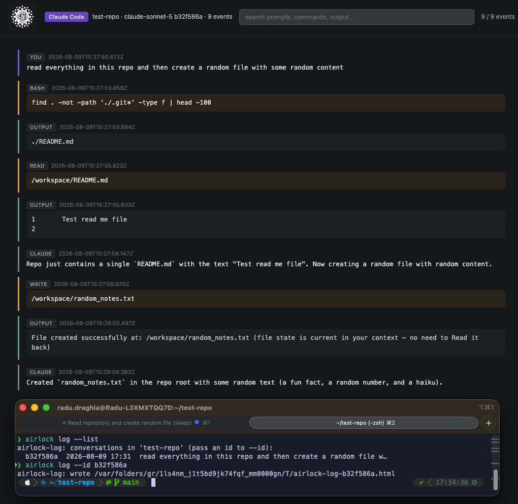 airlock log’s HTML timeline for a Claude Code session, showing bash, read, write, and reasoning events in order