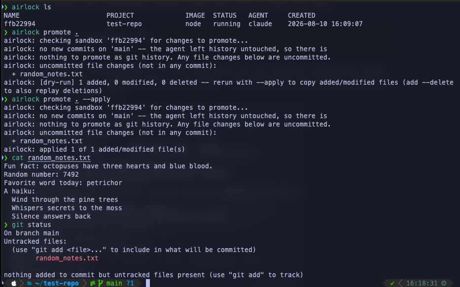 airlock promote run first as a dry-run, then with –apply, with the promoted file confirmed on the host via git status and cat