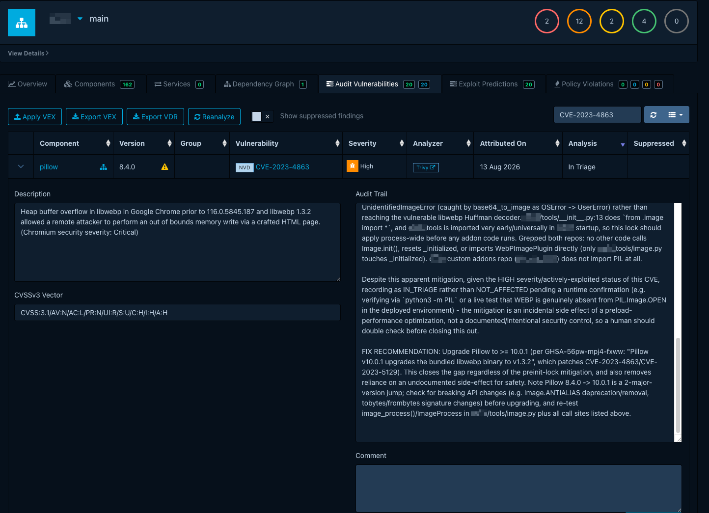 Dependency-Track finding for CVE-2023-4863 in pillow 8.4.0, flagged by Trivy at High severity