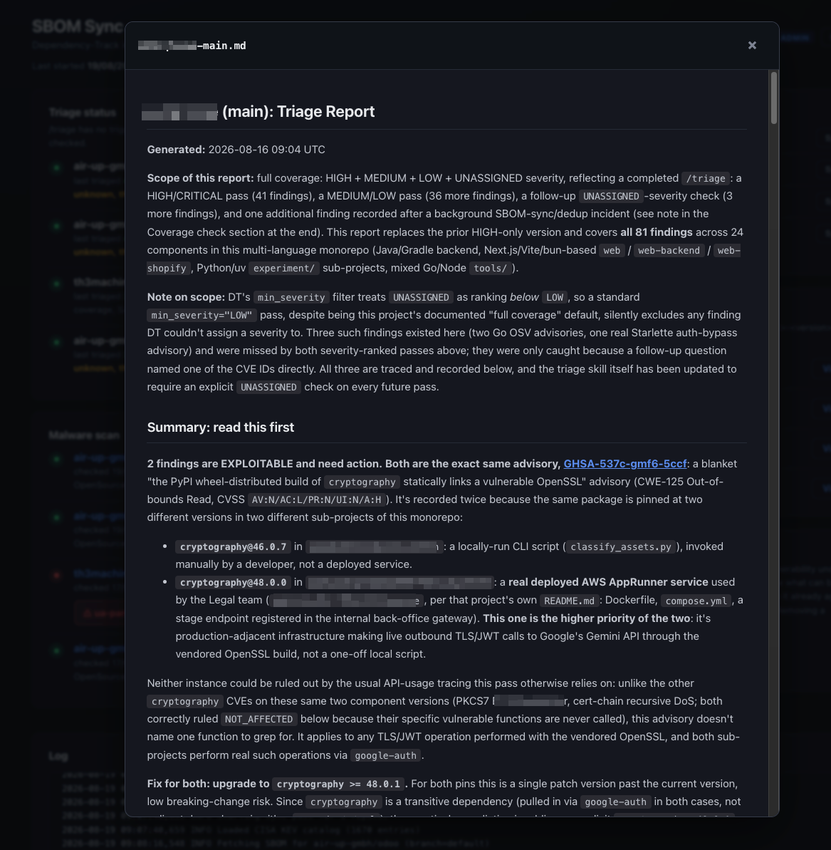 A generated per-project triage report, showing the finding scope, a summary of what needs action, and detailed reasoning for two duplicate findings on the same advisory