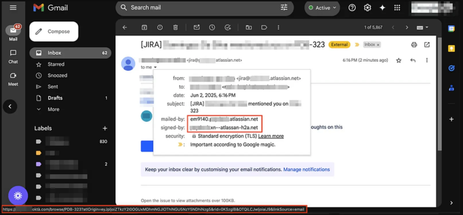 Phishing email with suspicious link highlighted