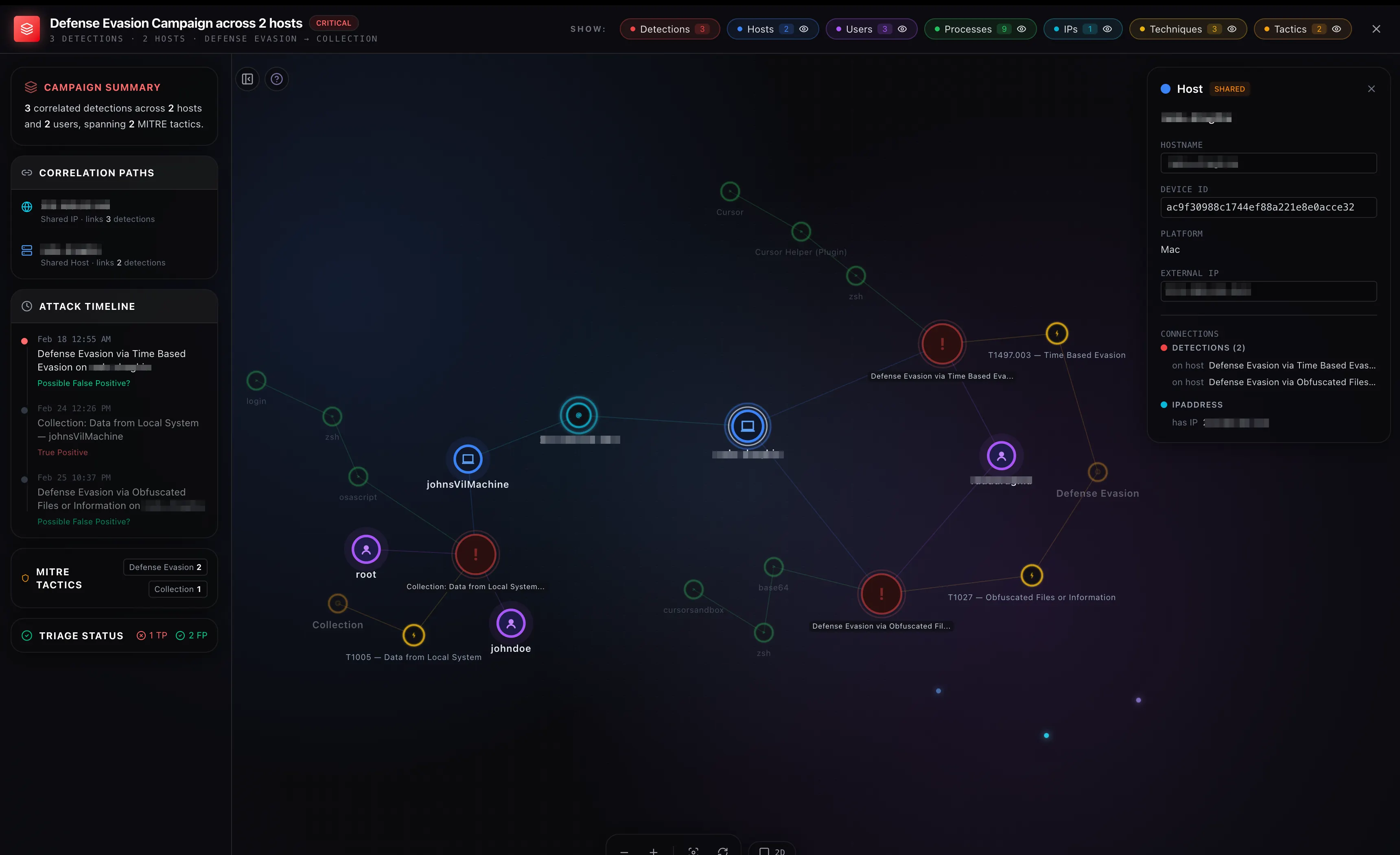 Campaign view linking related detections across hosts and identities