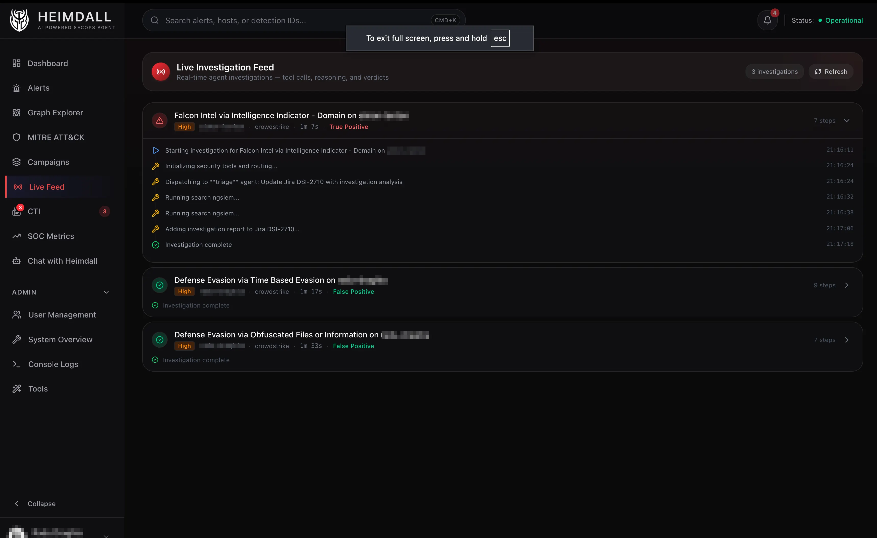 Heimdall live feed showing real-time alert investigation