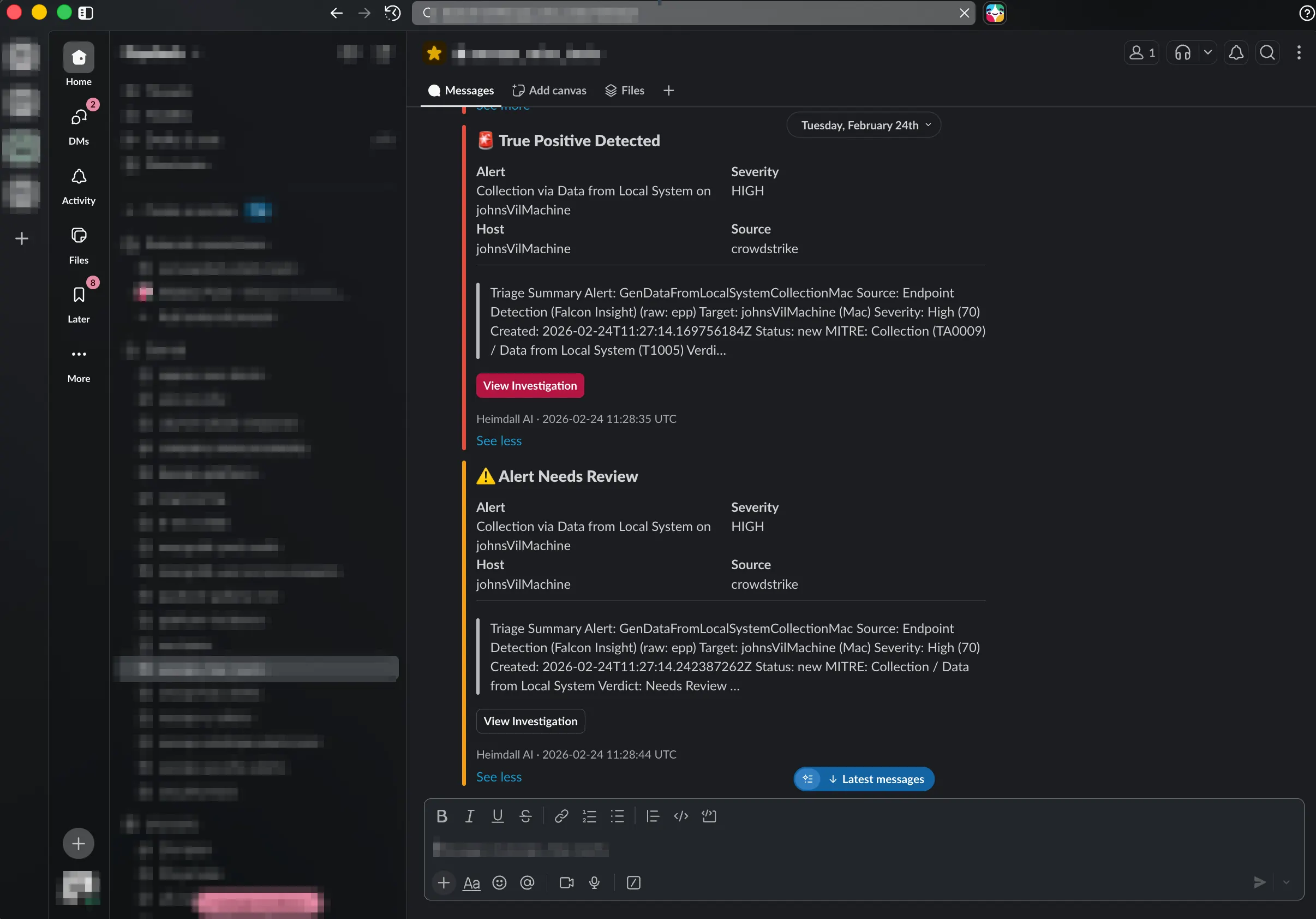 Heimdall Slack notifications showing true positive and needs review alerts