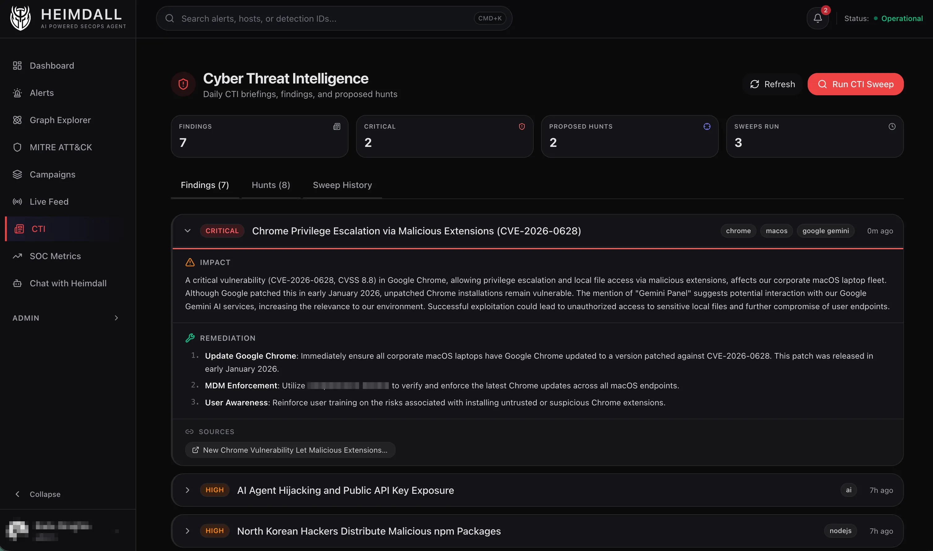 Heimdall CTI sweep dashboard showing feed results and scored articles