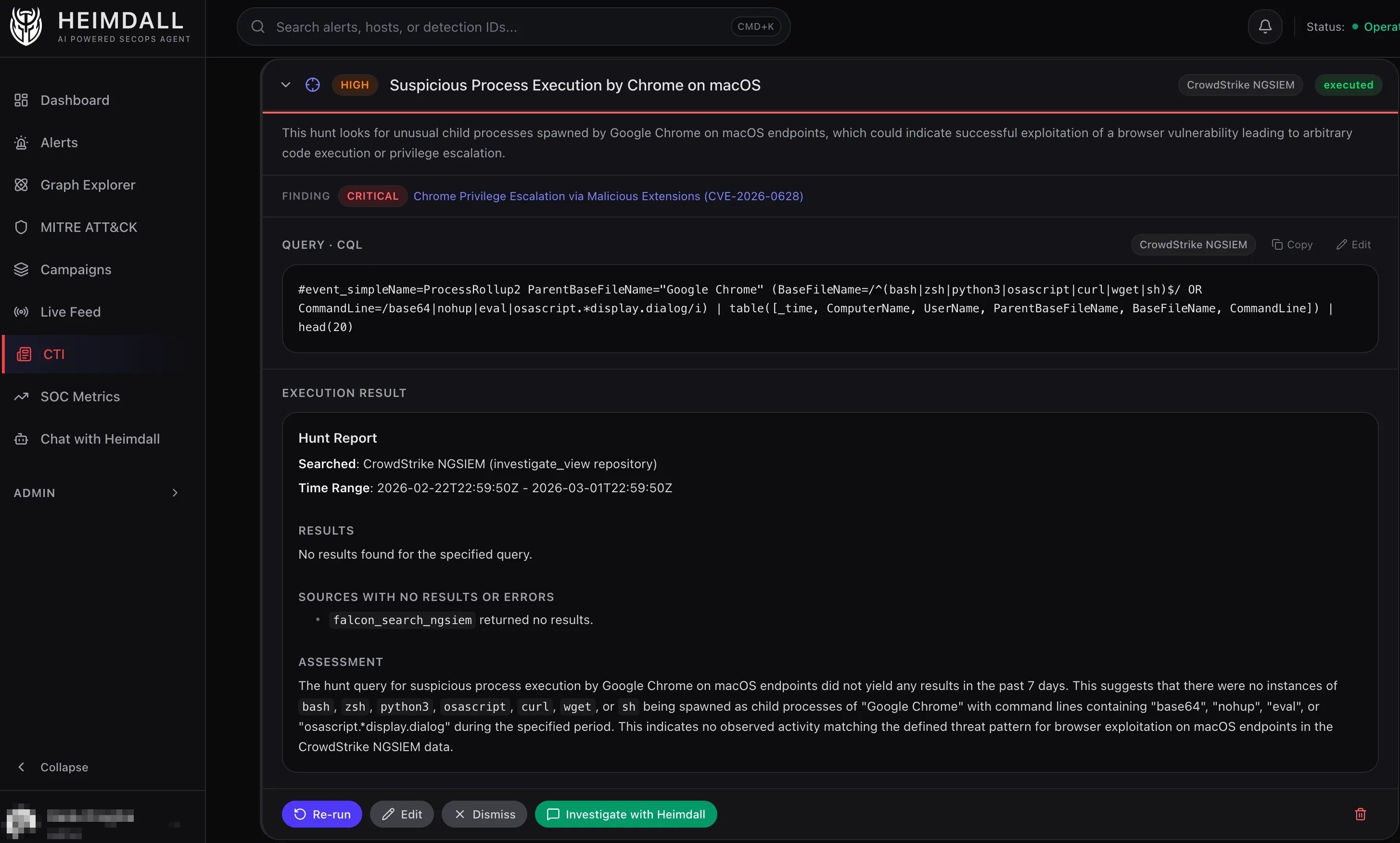 Heimdall hunt management view showing proposed and executed queries