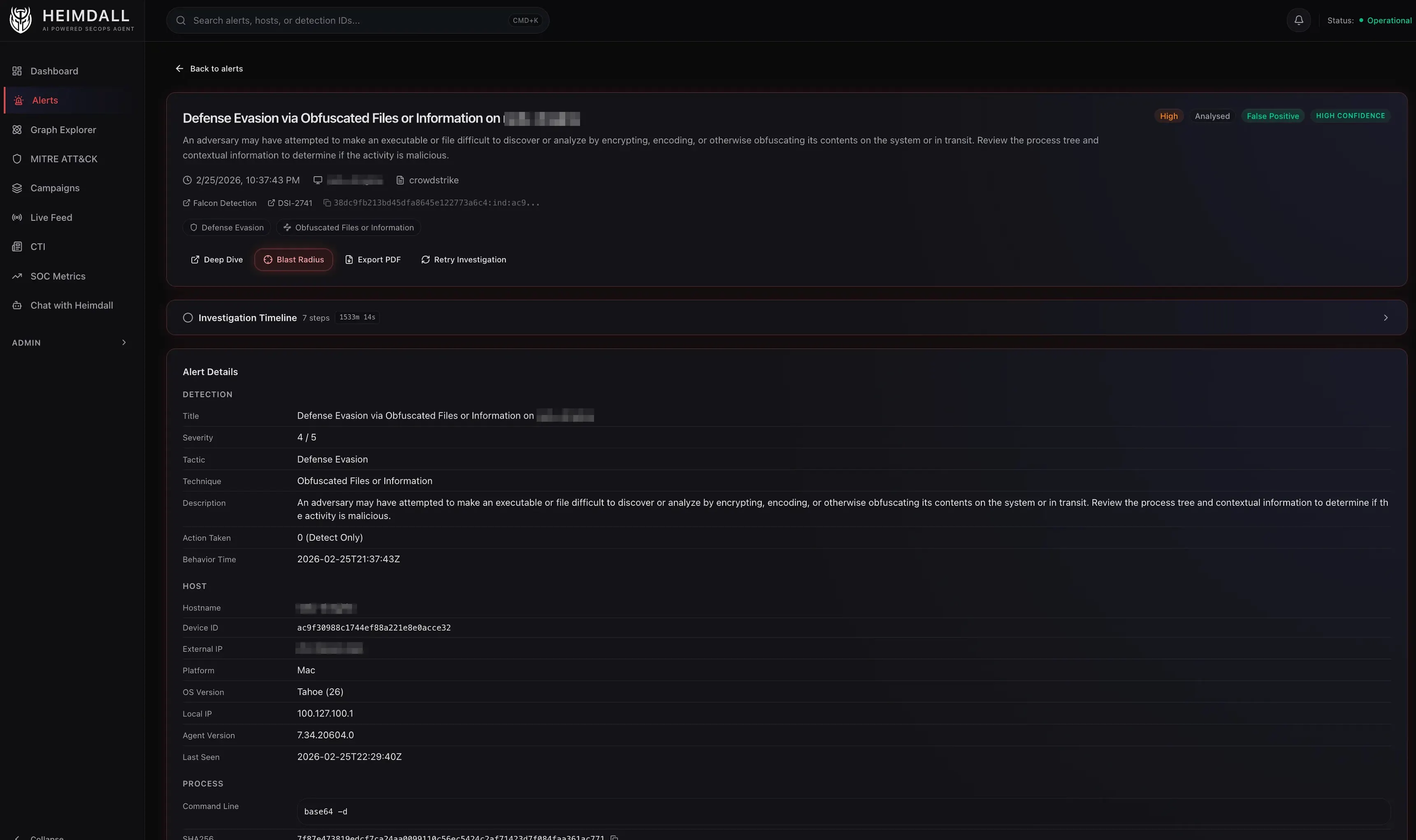 Alert detail view showing enriched process tree and detection context