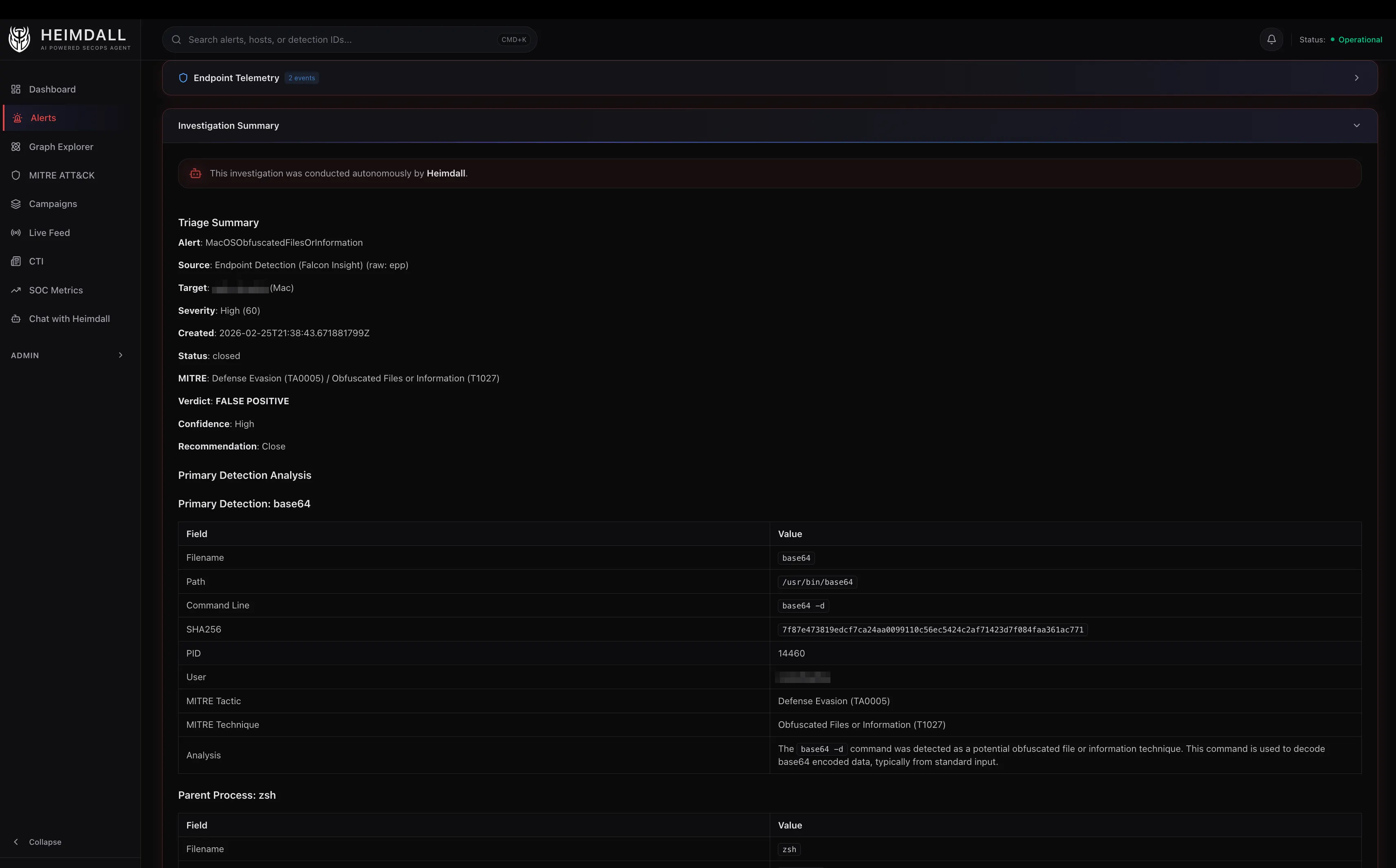 Investigation summary with triage verdict and confidence score