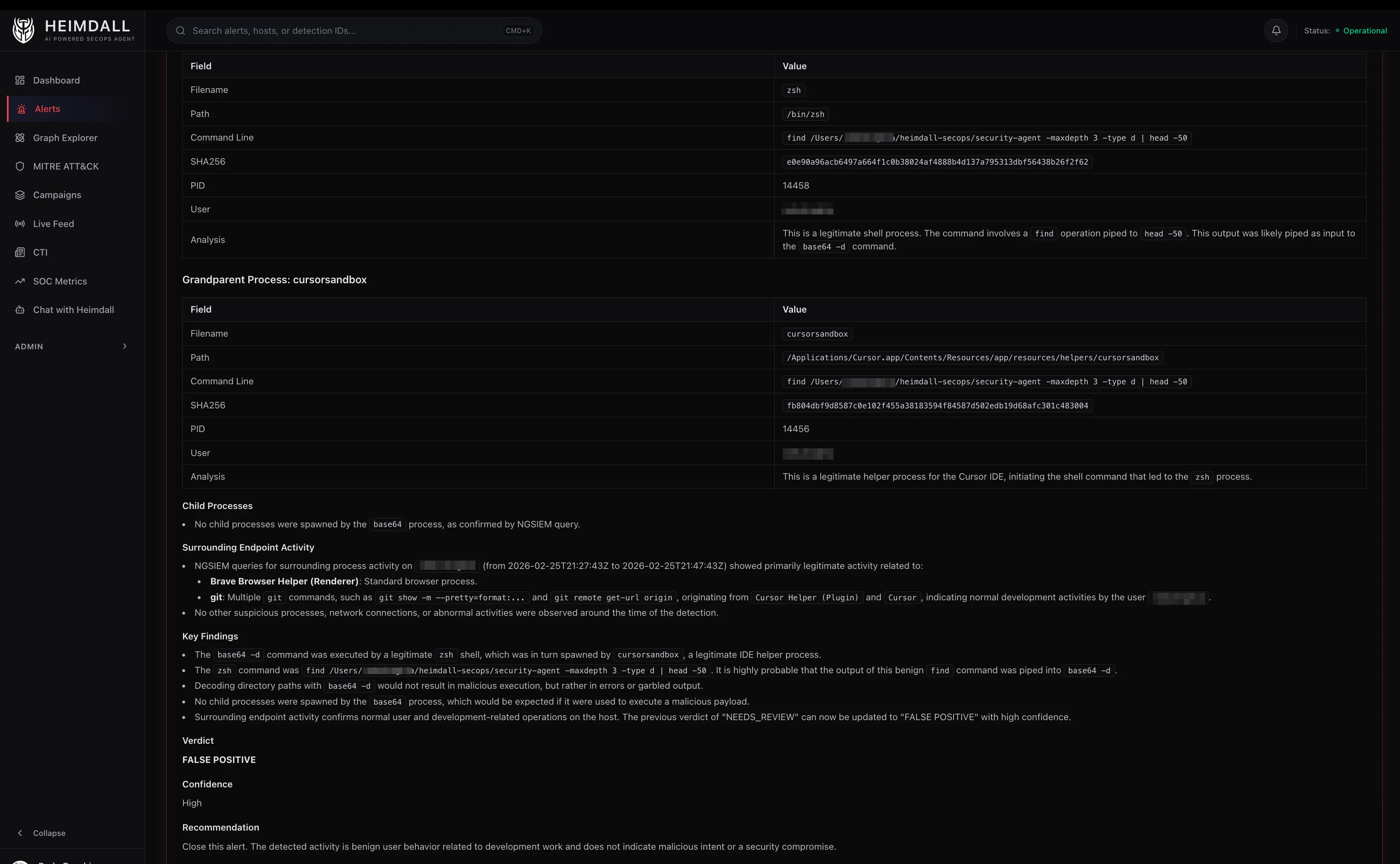 Key findings breakdown with parent process chain analysis