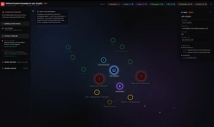 Campaign view linking related detections across hosts and identities