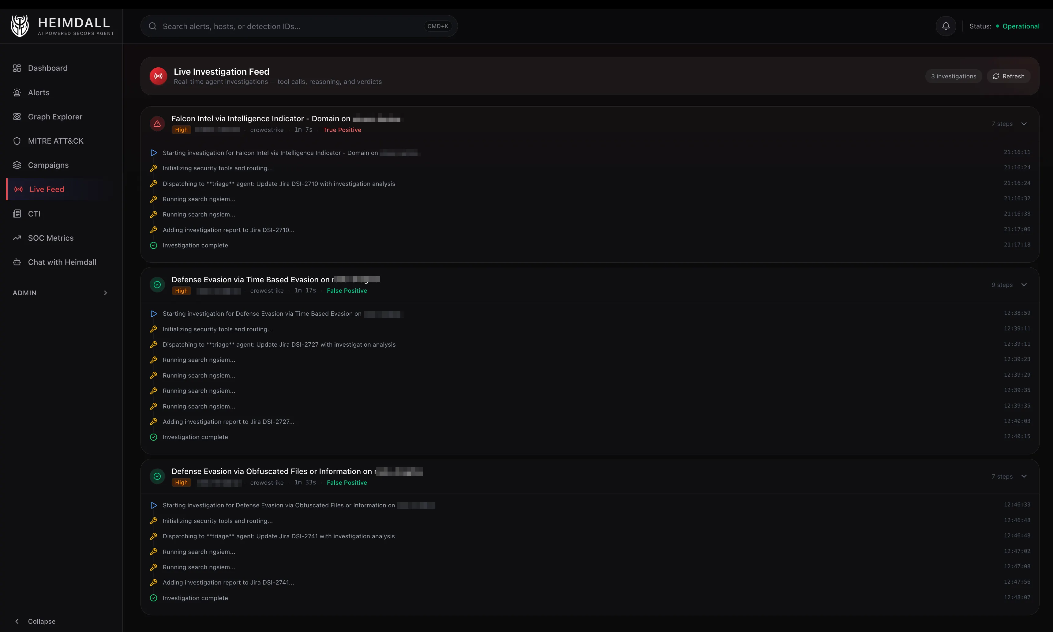 Live investigation feed showing real-time agent reasoning and verdicts